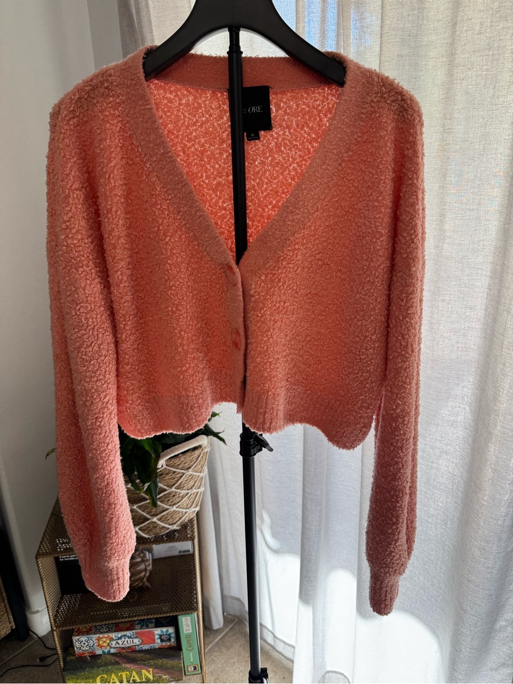 Bouclé V-Neck Cropped Cardigan Sweater — Coral Pink